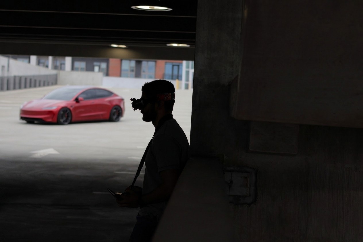 Alex flying the Drone from under parking garage cover