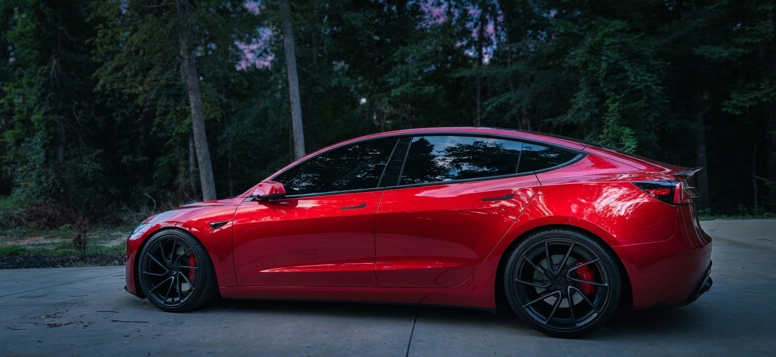 Lowered 2026 Tesla Model 3 Performance - Wooded Background - Twilight photo