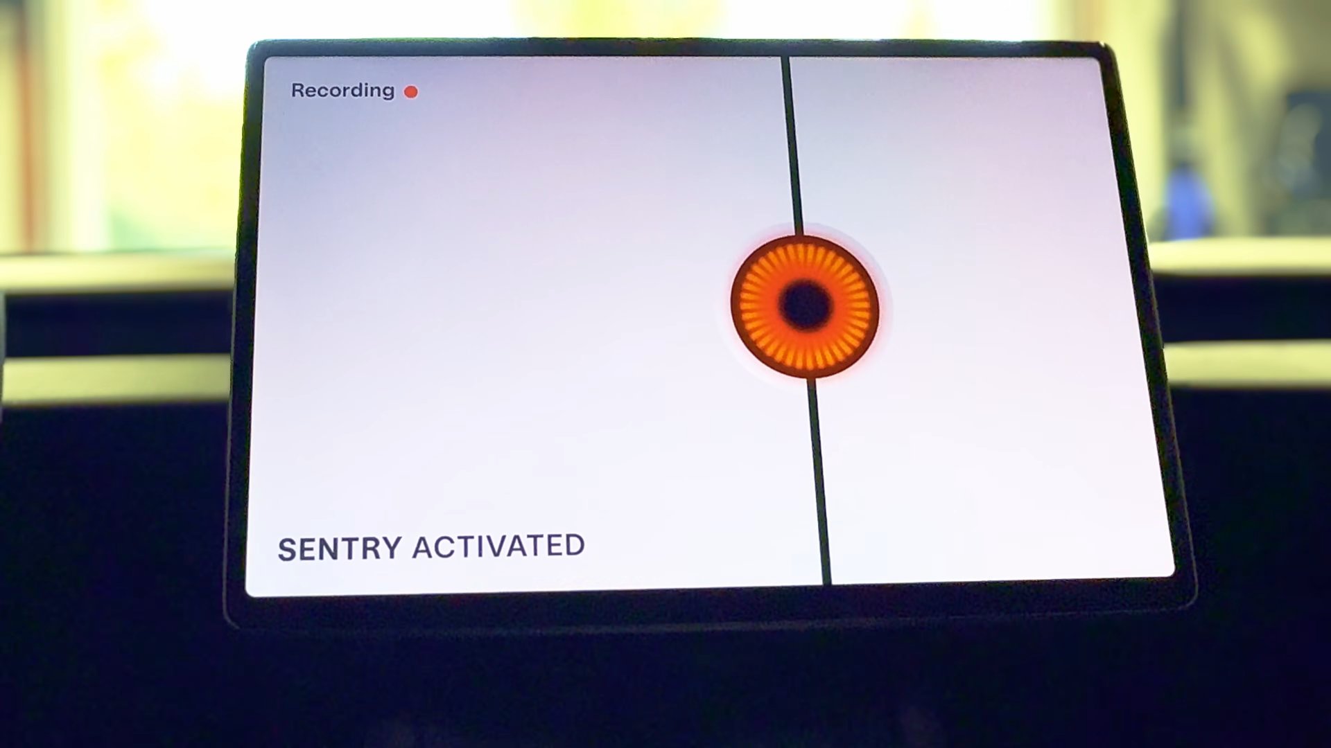 Sentry Mode: the red eyeball and "Sentry activated" on the screen