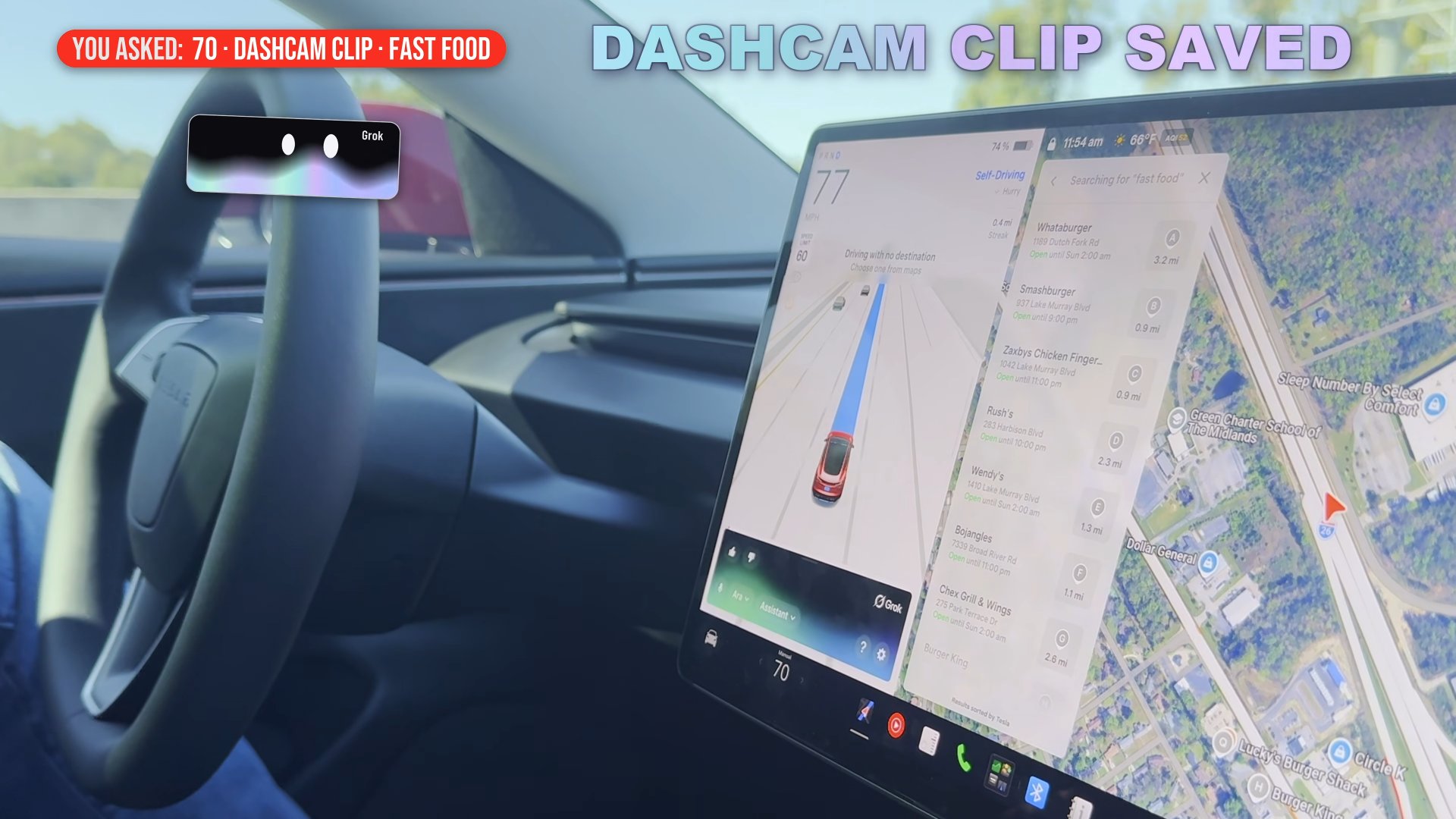 Grok confirming three requests from one sentence, including "dashcam clip saved"
